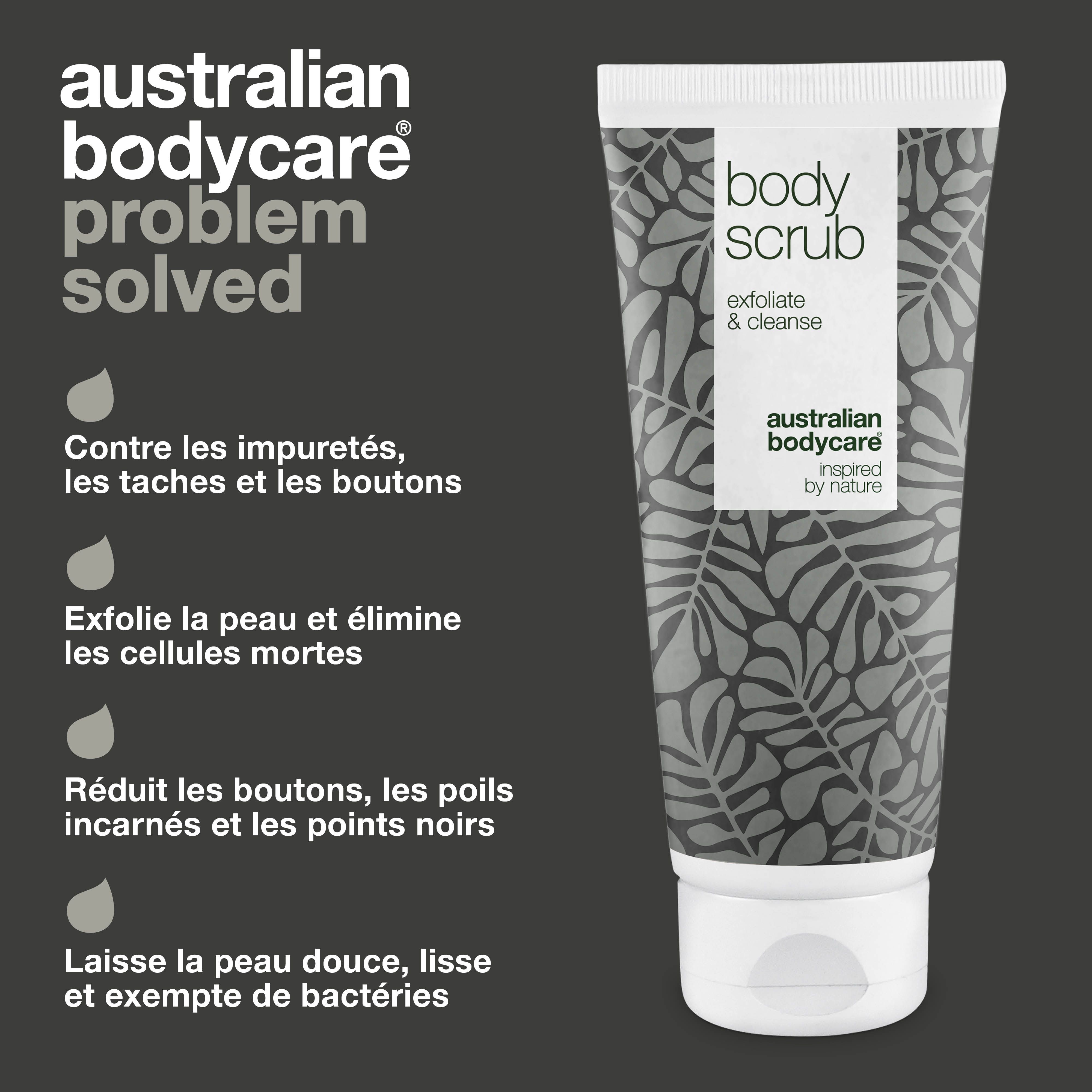 Tube de gommage corporel. Texte : Australian Bodycare, Body Scrub, Exfoliate & cleanse. Texte : Contre les impuretés, les taches et les boutons.