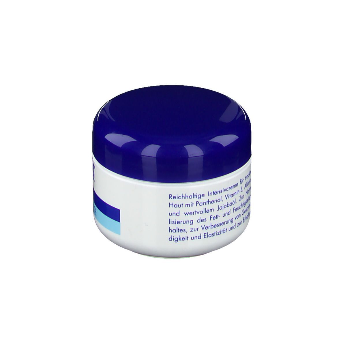 Creme-Dose mit blauem Deckel. Aufschrift: Reichhaltige Intensivcreme. Text und Logo auf dem weißen Behälter.