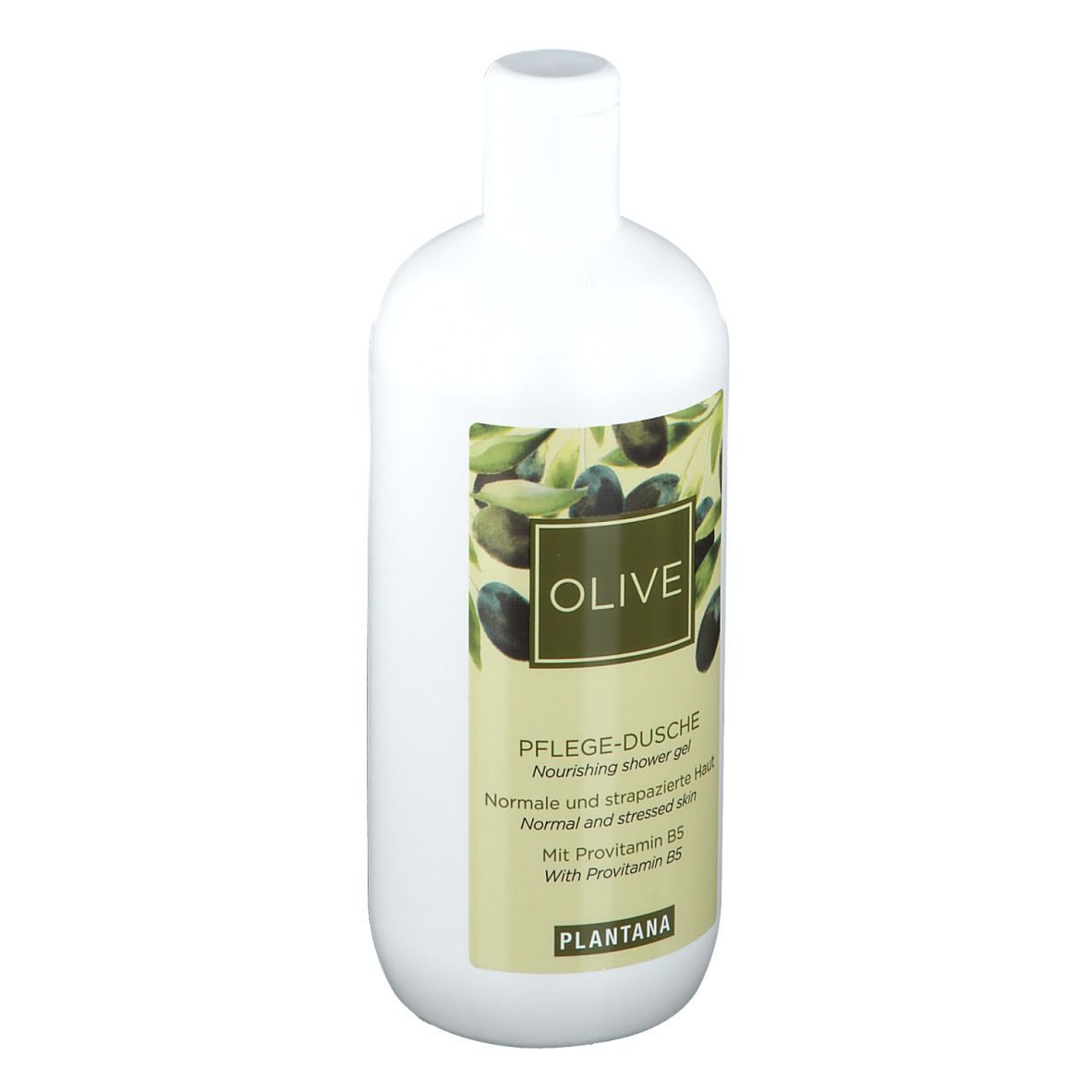 Weiße Flasche mit Etikett. Aufschrift: OLIVE, Pflege-Dusche. Mit Provitamin B5. PLANTANA.