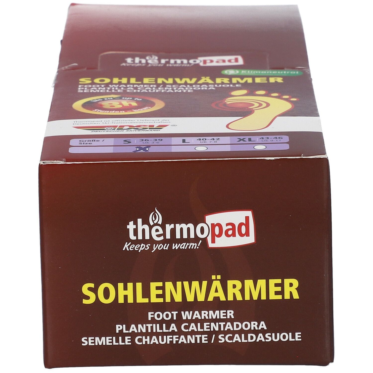 Braune Verpackung mit thermopad® Sohlenwärmer. Aufdruck: Sohlenwärmer, Größenangaben. Logo und Produktbezeichnung.