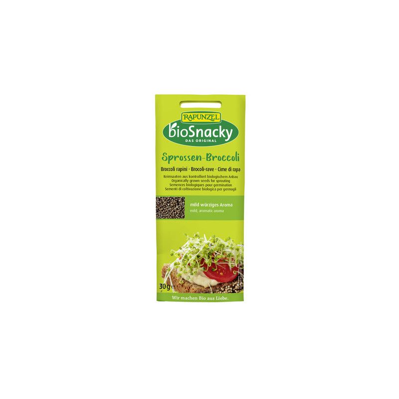 Emballage vert avec "BioSnacky Sprossen-Broccoli". Illustration de germes sur du pain. Texte en allemand, français et italien.