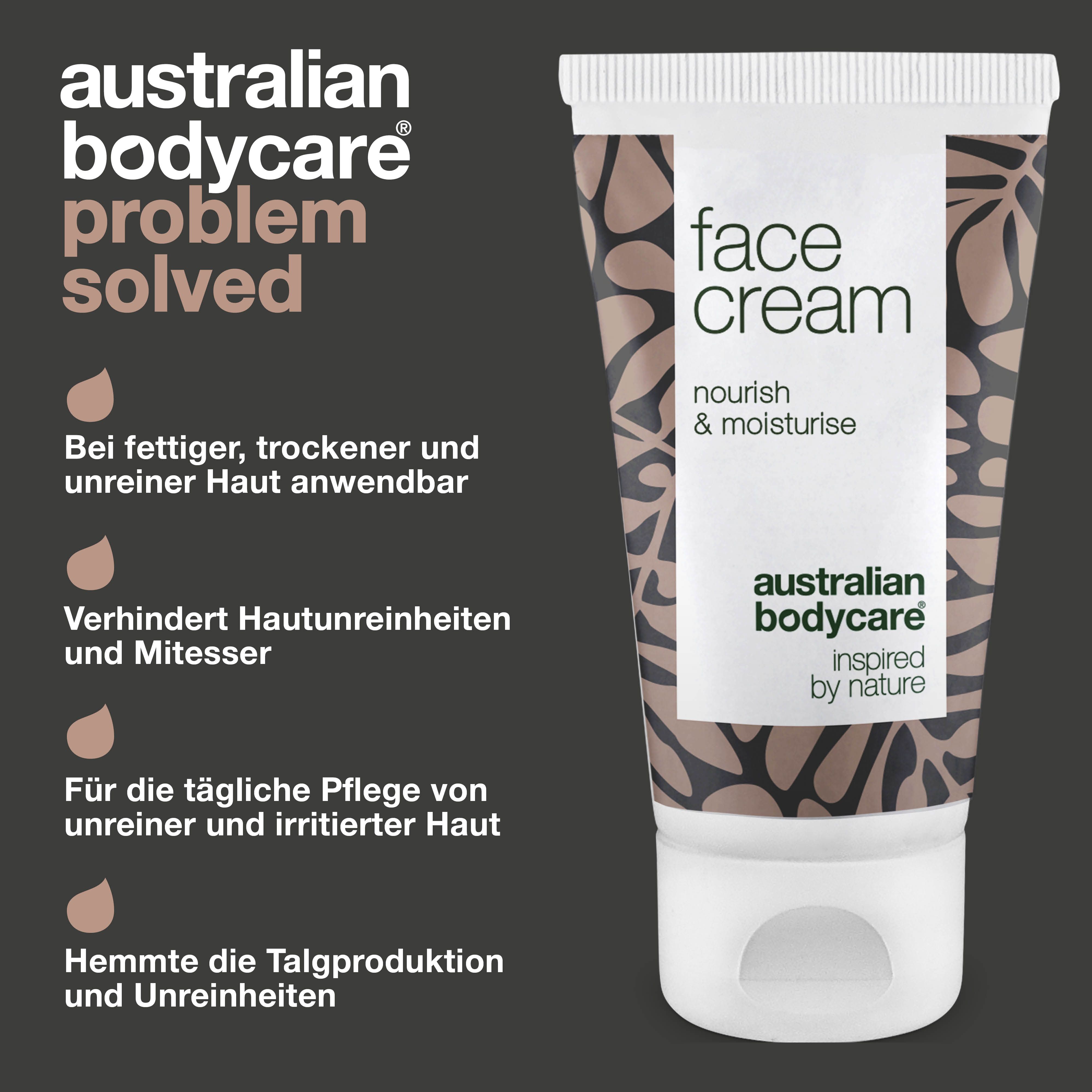 Tube Face Cream. Aufschrift: Australian Bodycare. Text: Problem gelöst. Produktvorteile.