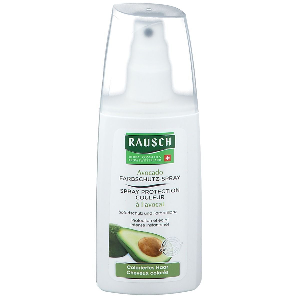 Weisse Flasche mit Sprühkopf. Aufschrift: RAUSCH Avocado Farbschutz-Spray. Abbildung einer Avocado. Grün-weisse Verpackung.