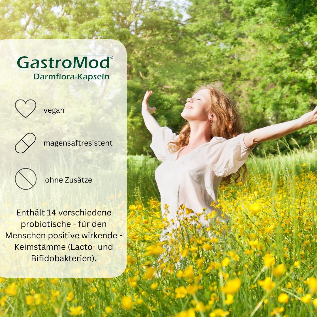 Frau in Blumenwiese. Text: GastroMod Darmflora-Kapseln. Vegan, magensaftresistent, ohne Zusätze. Enthält 14 probiotische Keimstämme.