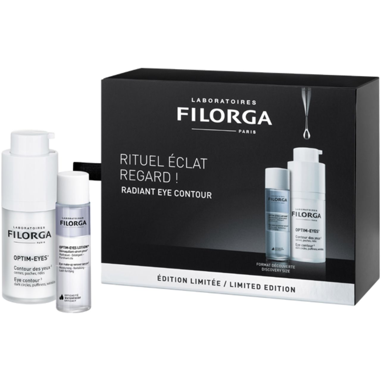 Coffret Filorga Optim-Eyes. Boîte noire avec trois produits. Inscriptions: Filorga, Optim-Eyes, Rituel Éclat Regard, Édition Limitée.
