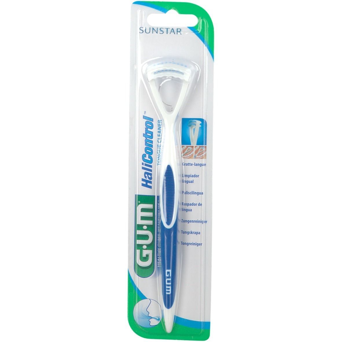 Zungenreiniger in Blisterverpackung. Weißer Kopf, blauer Griff. GUM HaliControl.