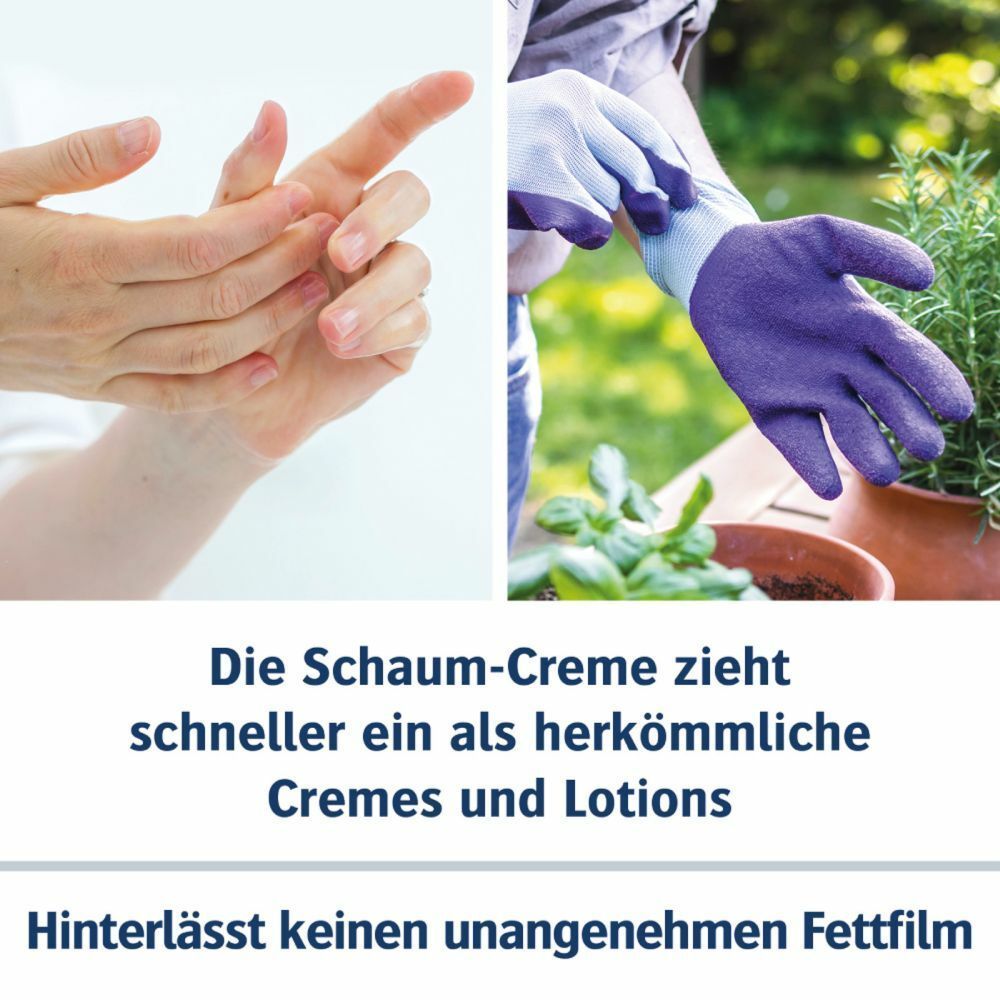 Hände, die Creme auftragen und Handschuhe anziehen. Text: Die Schaum-Creme zieht schneller ein als herkömmliche Cremes und Lotions.