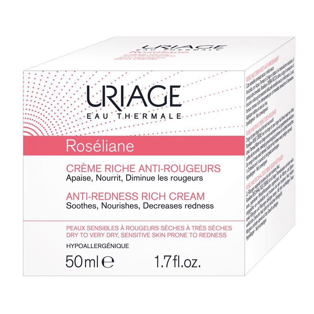 Boîte blanche avec logo URIAGE et texte: Roséliane, Crème riche anti-rougeurs. 50ml, 1.7 fl.oz. Hypoallergénique.