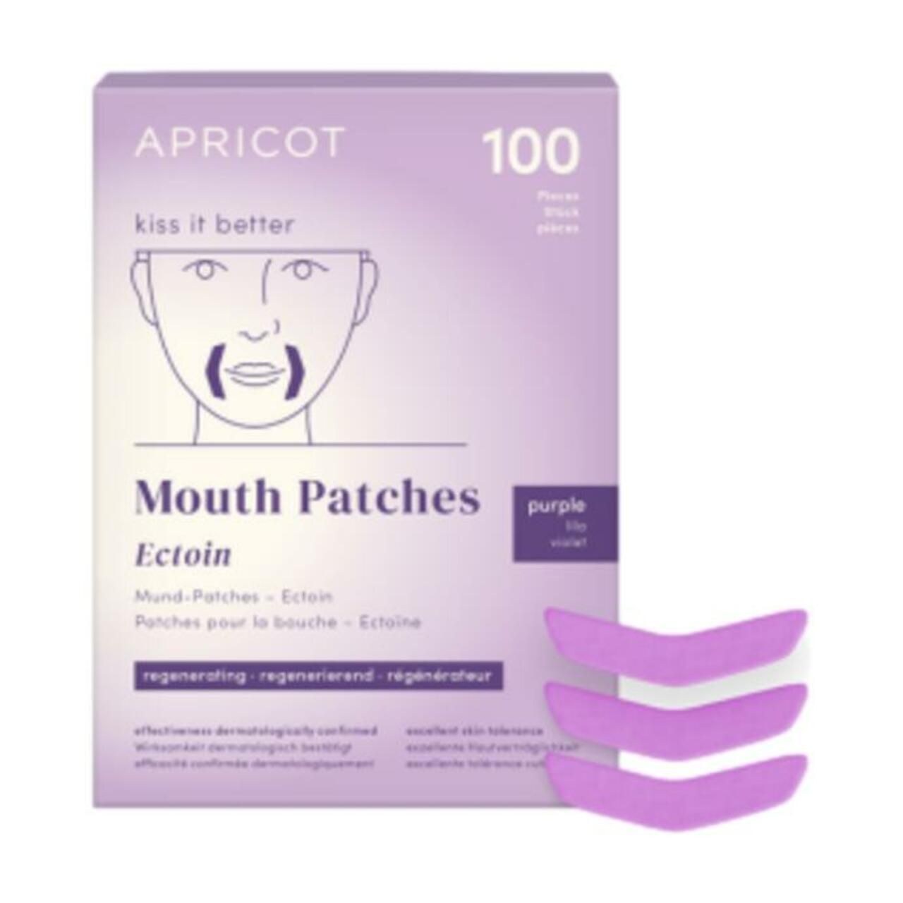 Lila Schachtel mit Mund-Patches und drei Patches. Aufschrift: APRICOT, 100 Stück. Text: Mouth Patches Ectoin.