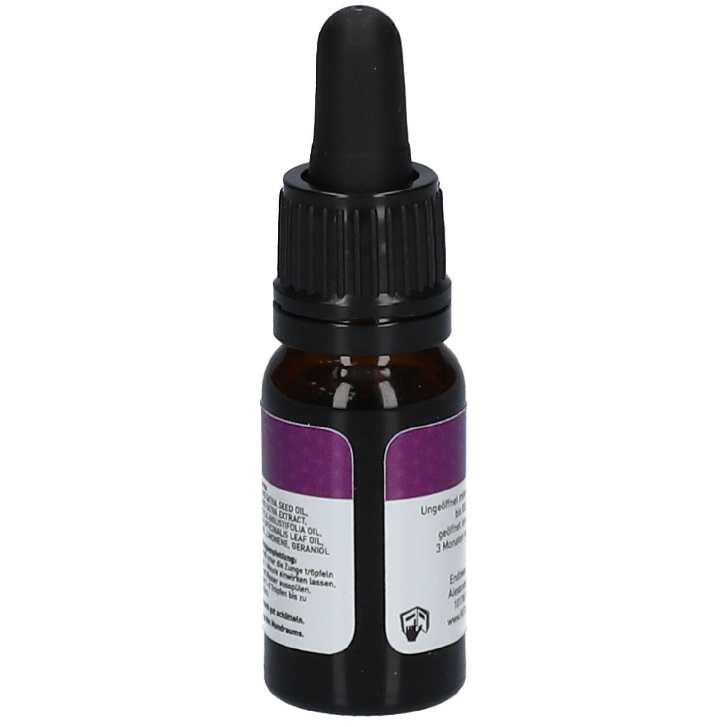 Braune Glasflasche mit schwarzem Deckel und Pipette. Aufschrift: VITADOL HANFEXTRAKT VITADOL NIGHT, 500mg CBG.