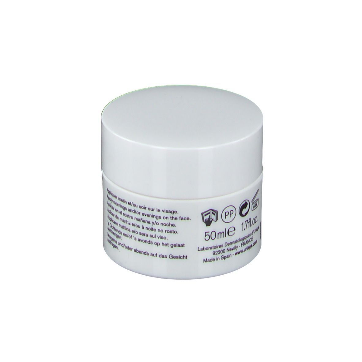 Pot blanc, dos avec texte et symboles. 50ml, 1.7 fl.oz. Fabriqué en Espagne.