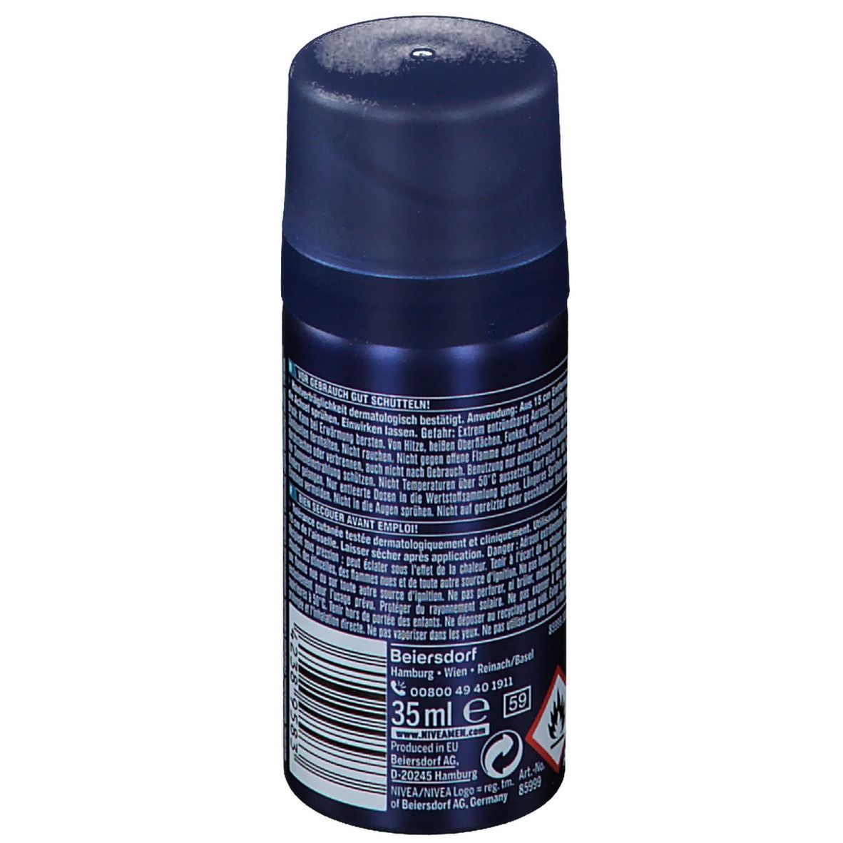 Rückseite der NIVEA MEN Dry Active Sprühdose. Text, Barcode, 35ml, Warnhinweise, Flammen-Symbol.