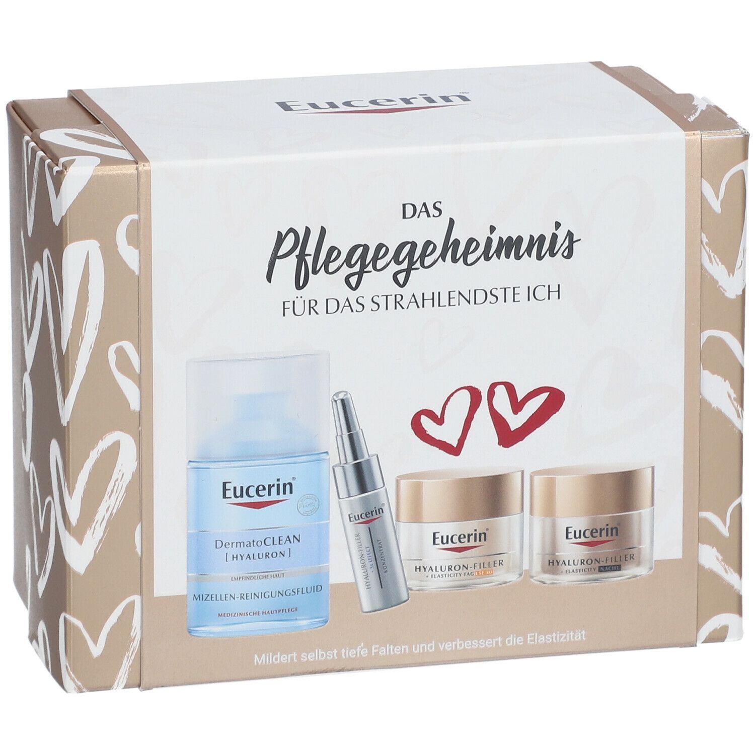 Coffret cadeau Eucerin avec bouteille, sérum et crèmes. Inscription: Le secret de soin. Produits sur fond crème.
