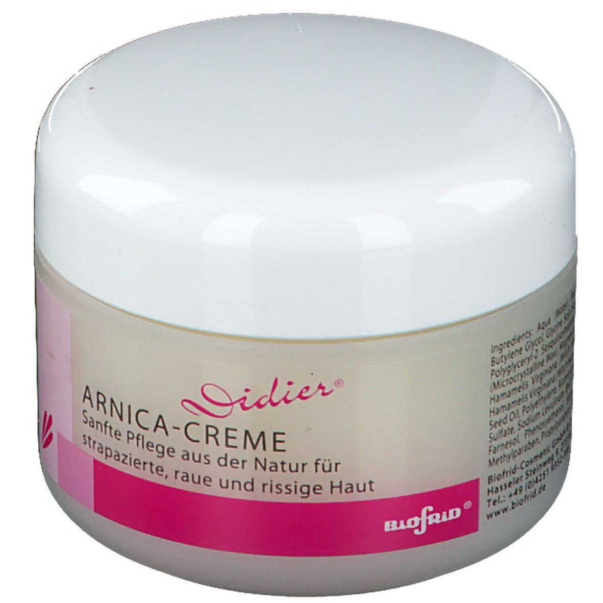 Pot de crème avec couvercle blanc et étiquette rose. Inscriptions "ARNICA-CREME" et "Didier".