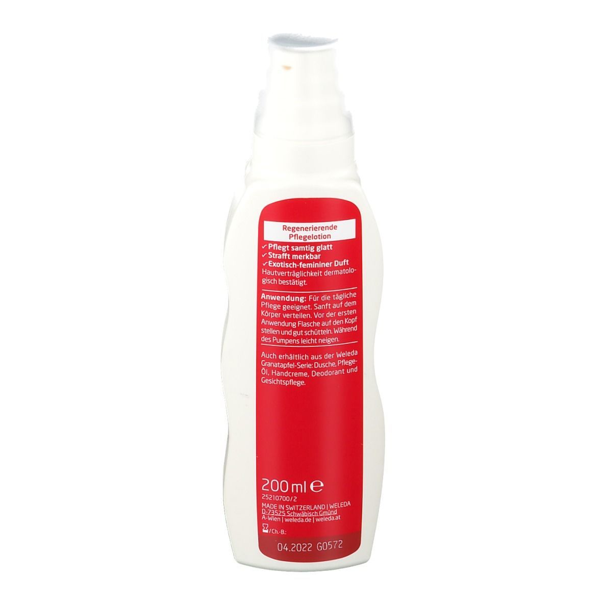 Weleda Lotion, dos. Bouteille blanche avec étiquette rouge. Informations et volume 200ml.