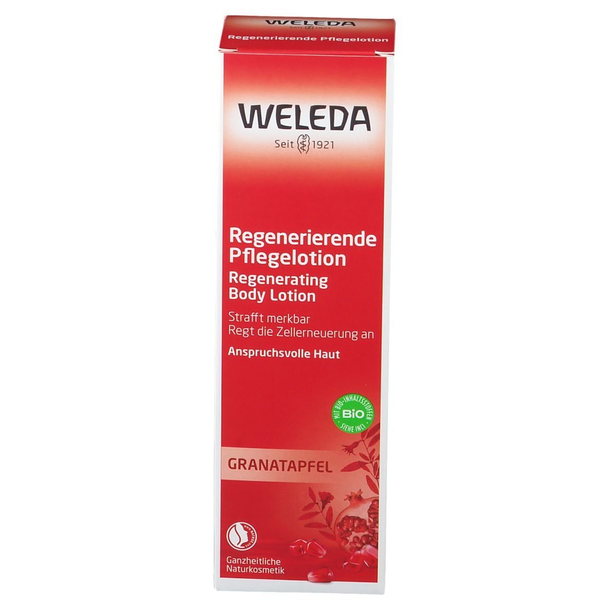 Weleda lotion, emballage. Boîte rouge avec informations et marque.
