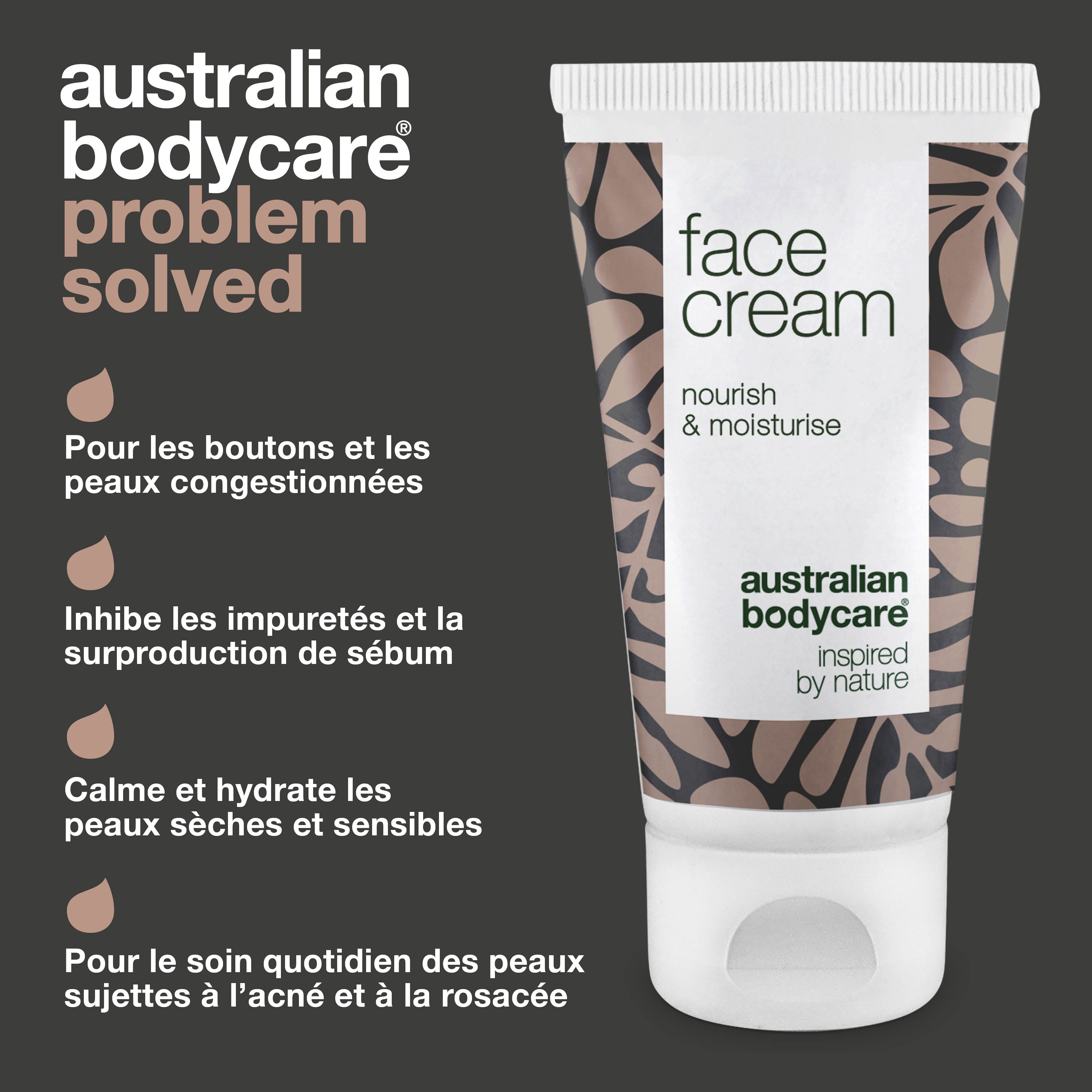 Tube Face Cream. Inscription : Australian Bodycare. Texte : Problème résolu. Avantages du produit.