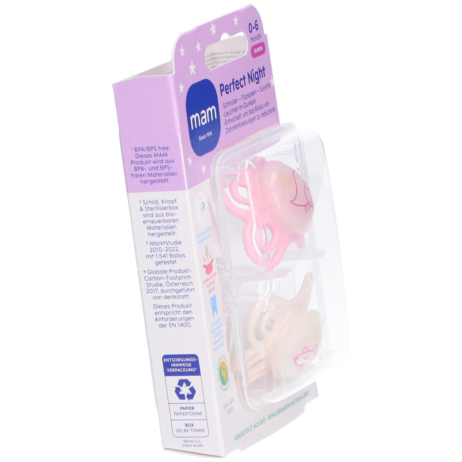 MAM Perfect Night Silikonschnuller 0-6 Monate, rosa/creme