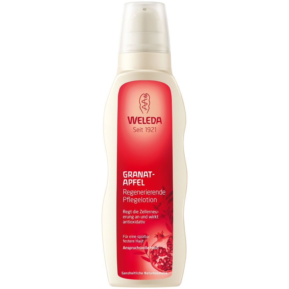 Weleda Lotion régénérante Grenade. Bouteille avec distributeur. Autocollant rouge avec informations et marque.