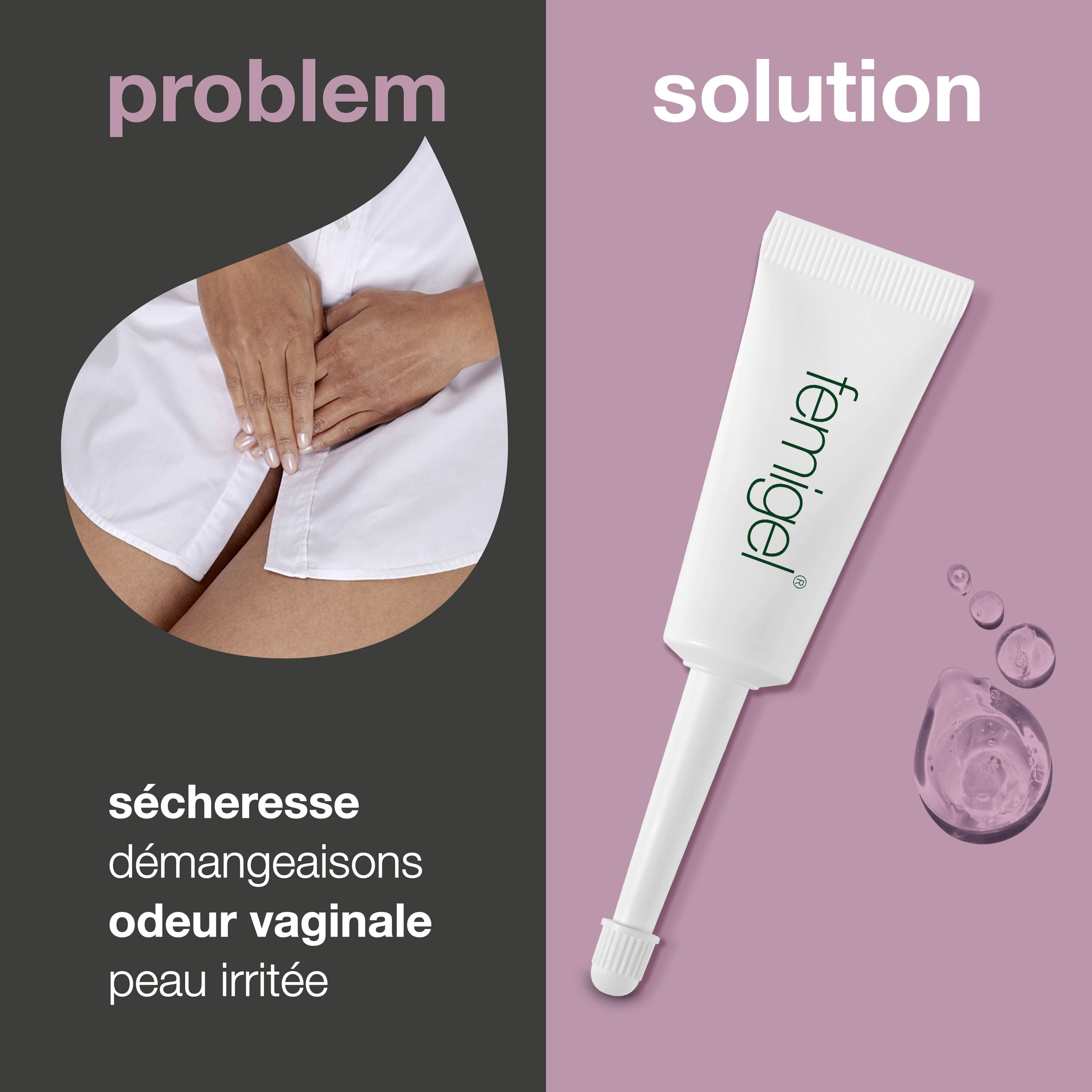 Tube Femigel avec applicateur. Texte : Femigel. Graphique : gouttes. Texte : Sécheresse, démangeaisons, odeur vaginale, peau irritée.