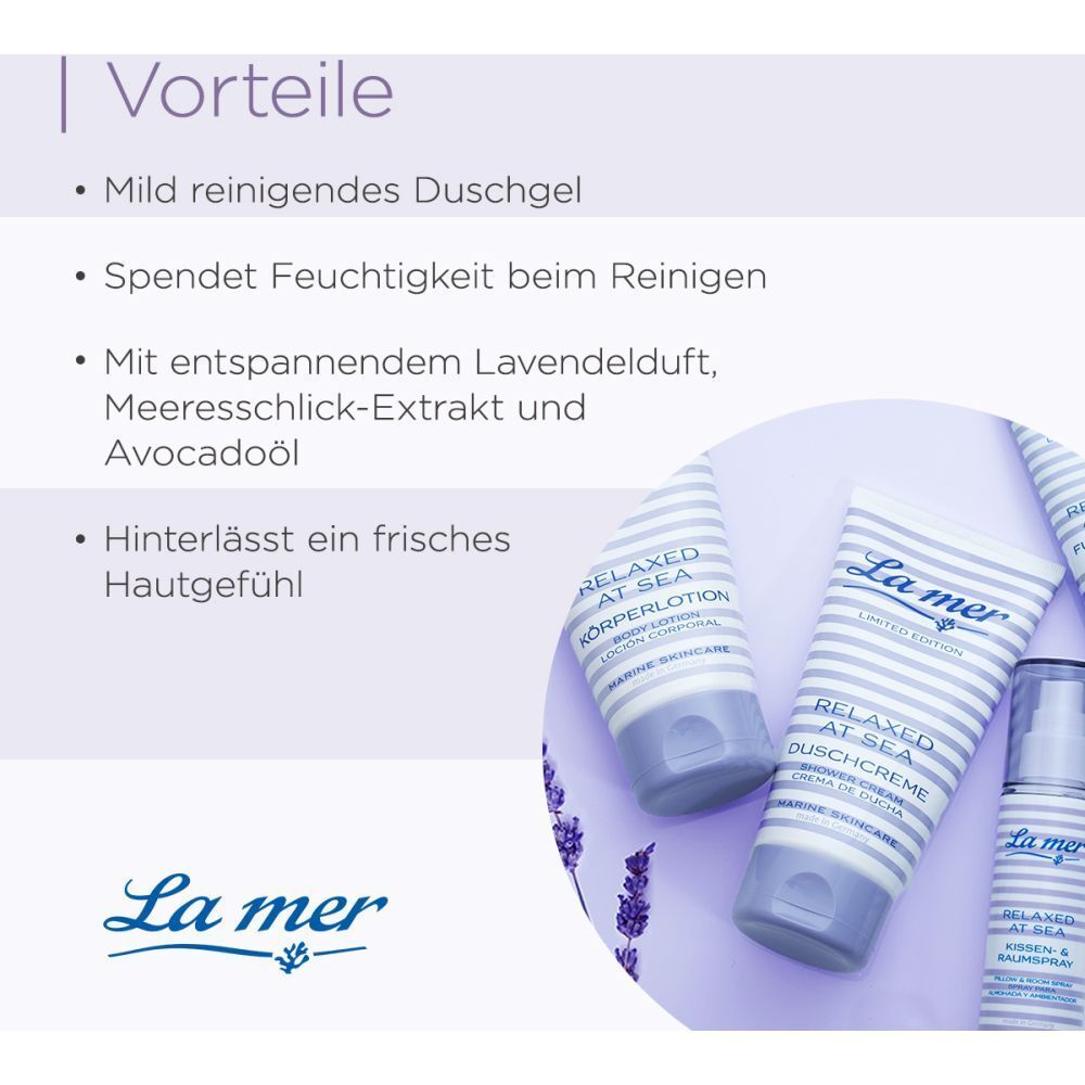 Plusieurs produits La mer. Texte : Gel douche nettoyant doux, hydrate, au parfum de lavande. Produits : Crème de douche, lotion pour le corps.