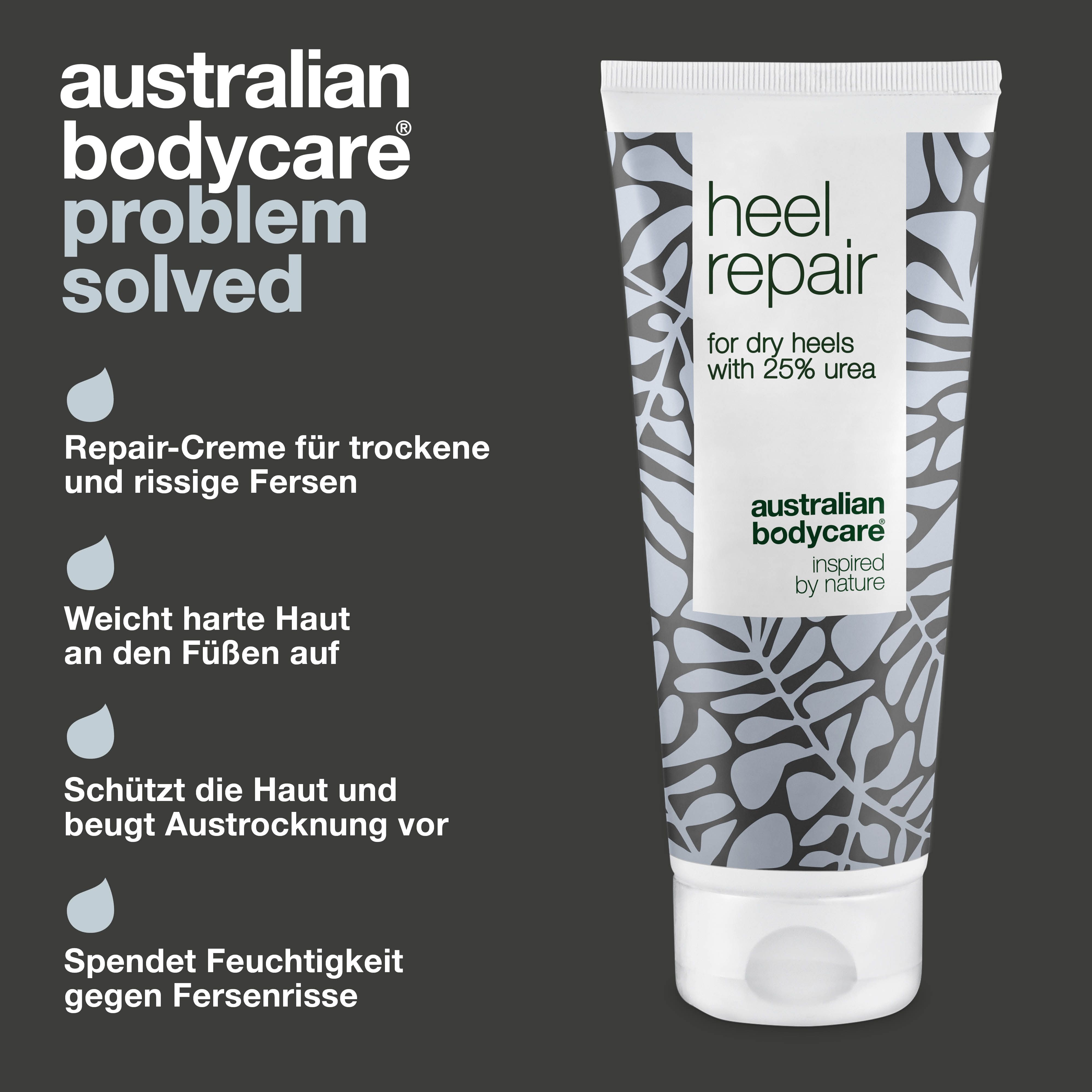 Creme-Tube: Heel Repair, für trockene Fersen, 25% Urea. Marke: Australian Bodycare. Text: Problem gelöst. Tropfen.
