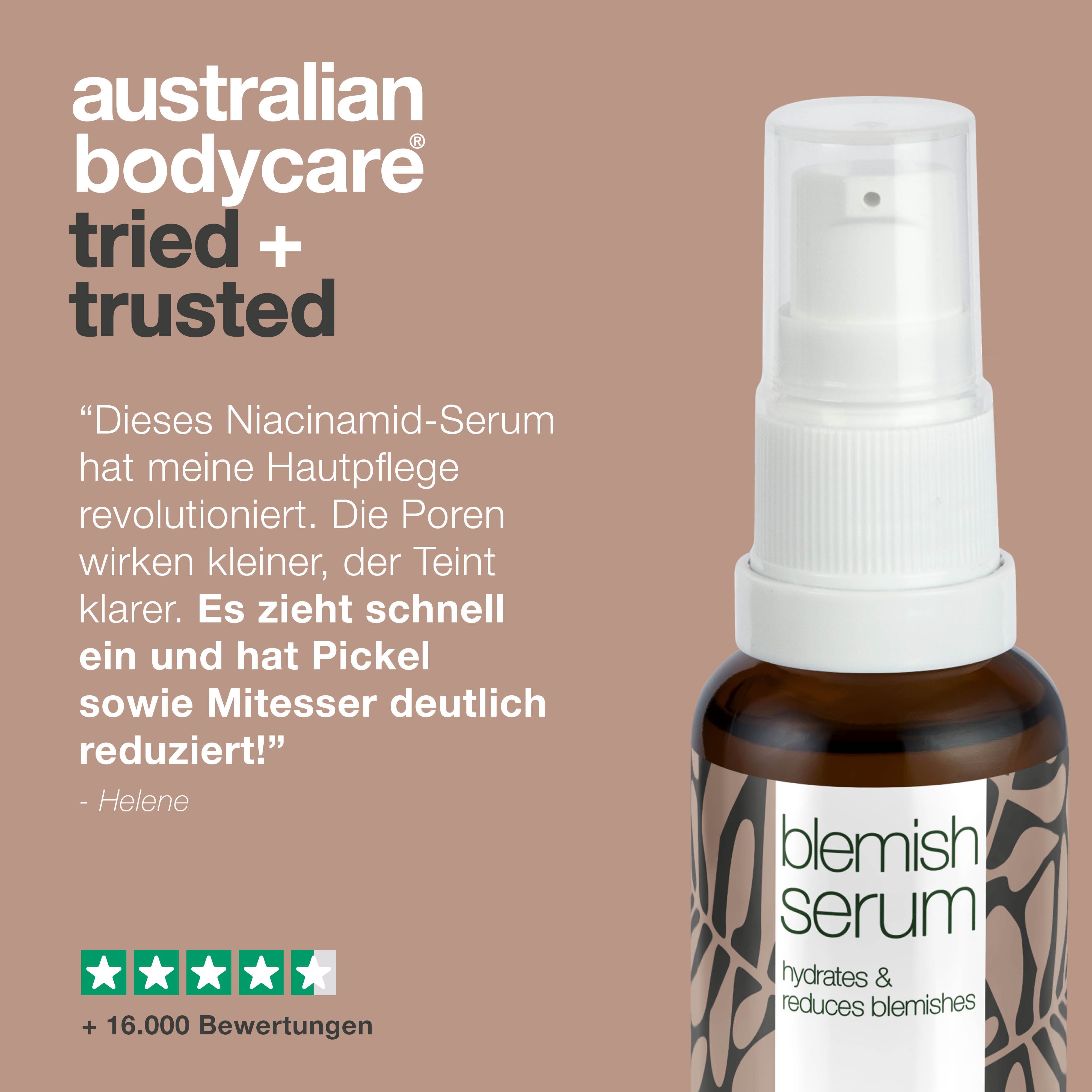 Bild zeigt verschiedene Personen mit Produkten. Marke: Australian Bodycare. Text: Skincare since 1990.
