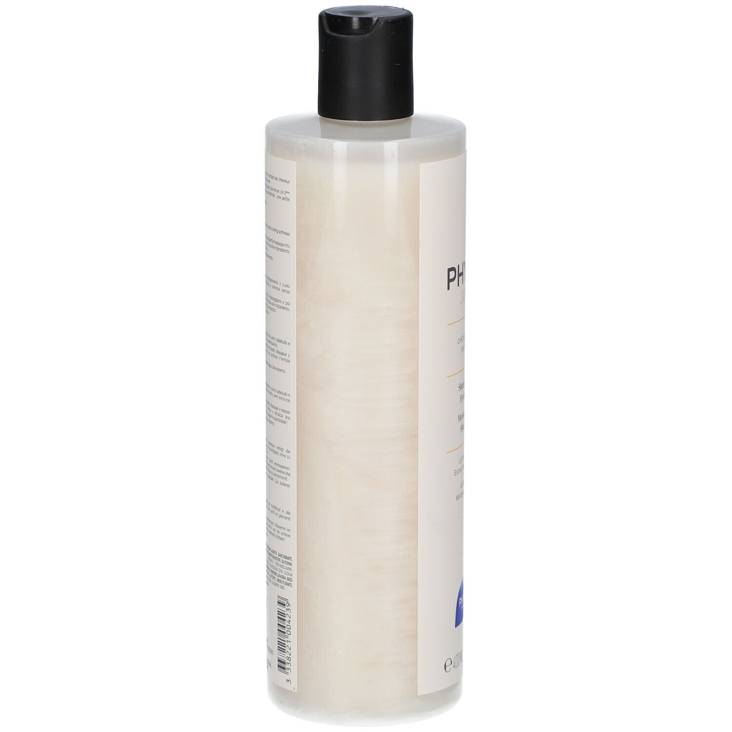 Flacon de shampooing beige, bouchon noir. Dos avec texte. Inscription: PHYTO, 400ml, 13.5 FL OZ.