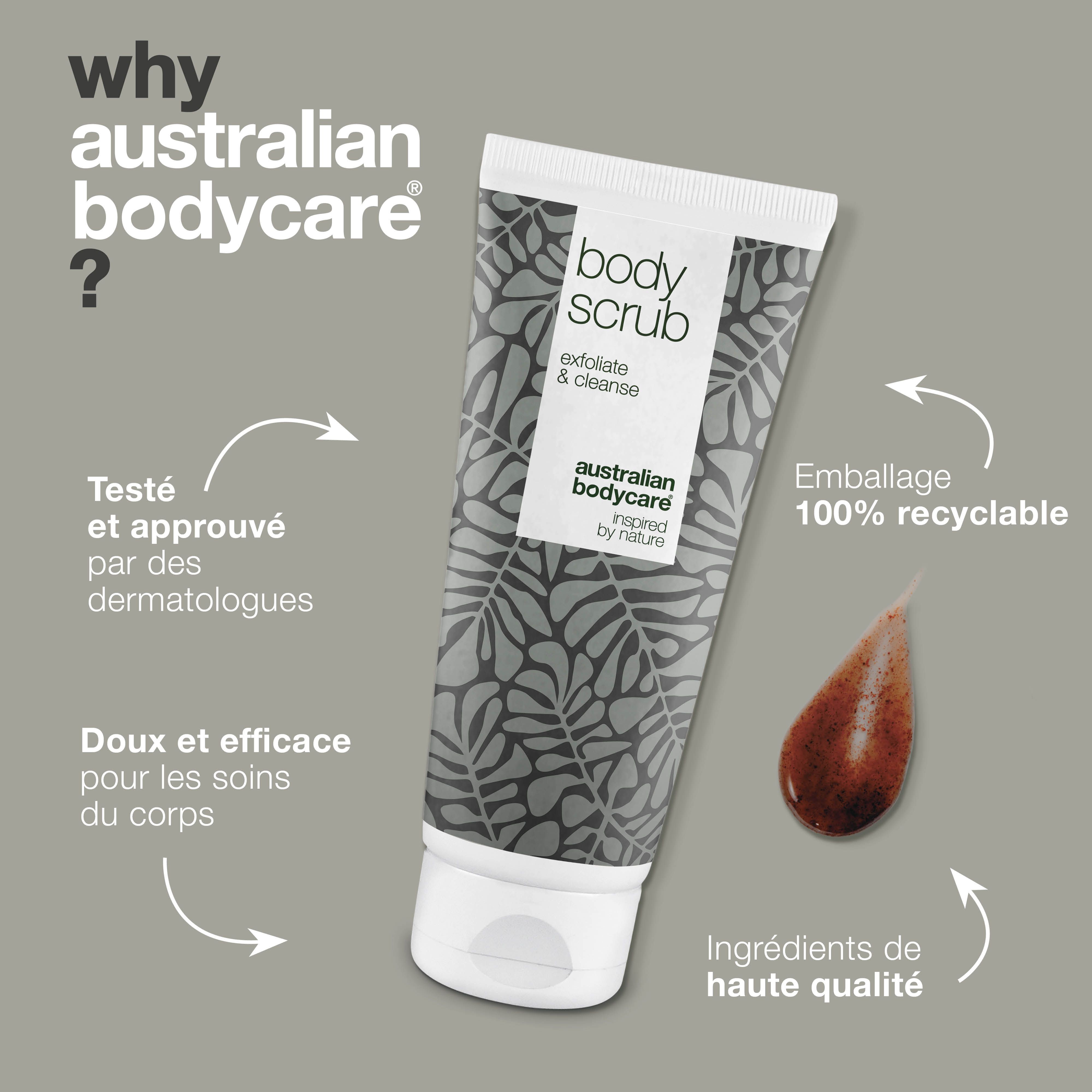 Tube de gommage corporel. Texte : Australian Bodycare, Body Scrub, Exfoliate & cleanse. Texte : Emballage 100% recyclable, ingrédients de haute qualité.