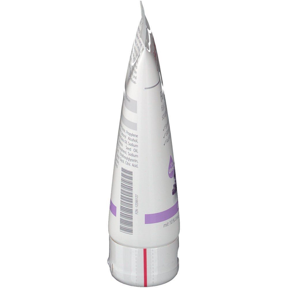 Fußcreme-Tube, Seitenansicht. Text und Lavendel-Illustration. Weiß-lila Farbgebung.
