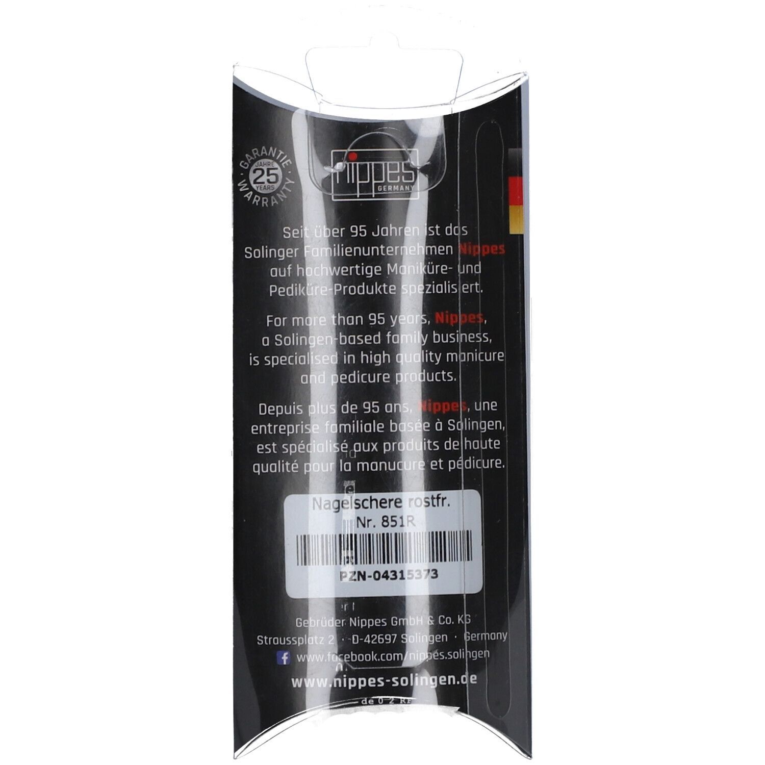 Dos de l'emballage. Texte : nippes, Nagelschere rostfr. Nr. 8513. Code-barres. 25 ans de garantie. Made in Germany.