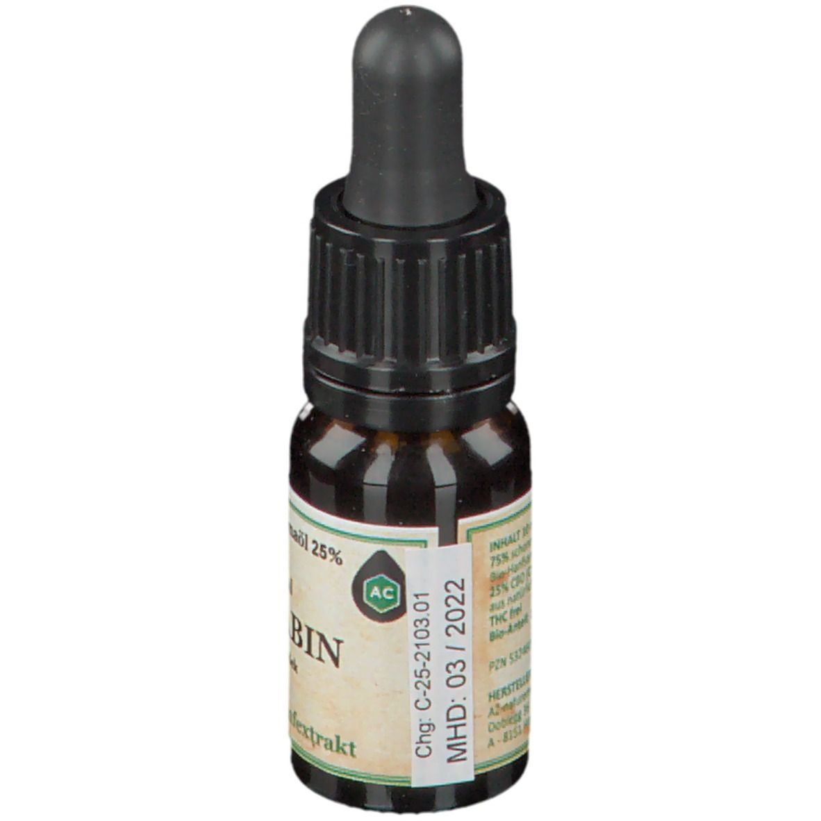 Flacon brun avec compte-gouttes noir. Étiquette avec "original CANNABIN 25 %", numéro de lot et date de péremption.