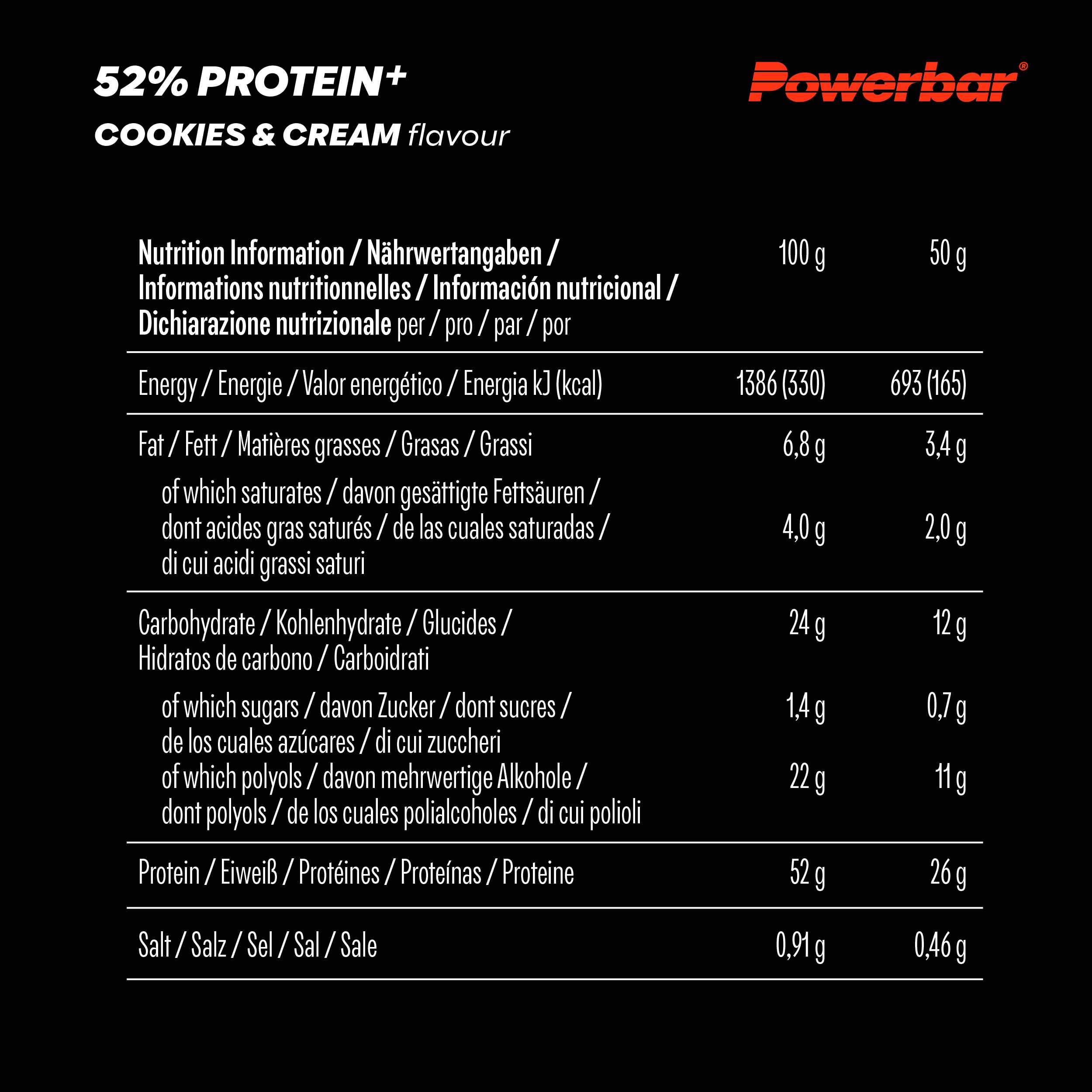 Nährwertangaben für Powerbar Protein+ Cookies & Cream. Angaben pro 100g und 50g. Enthält Informationen zu Energie, Fett, Kohlenhydraten, Protein und Salz.