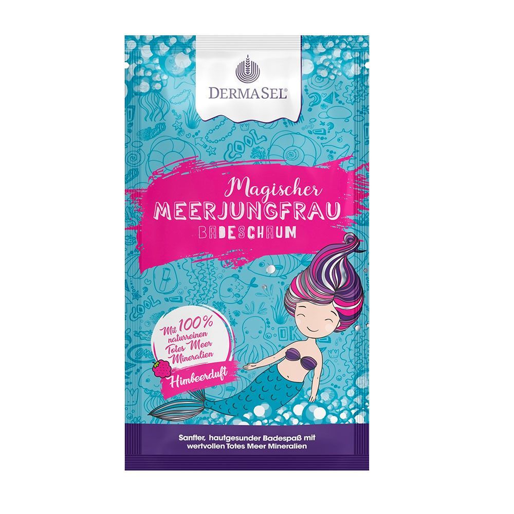 DERMASEL Bain moussant Sirène. Emballage rose avec illustration de sirène et texte.