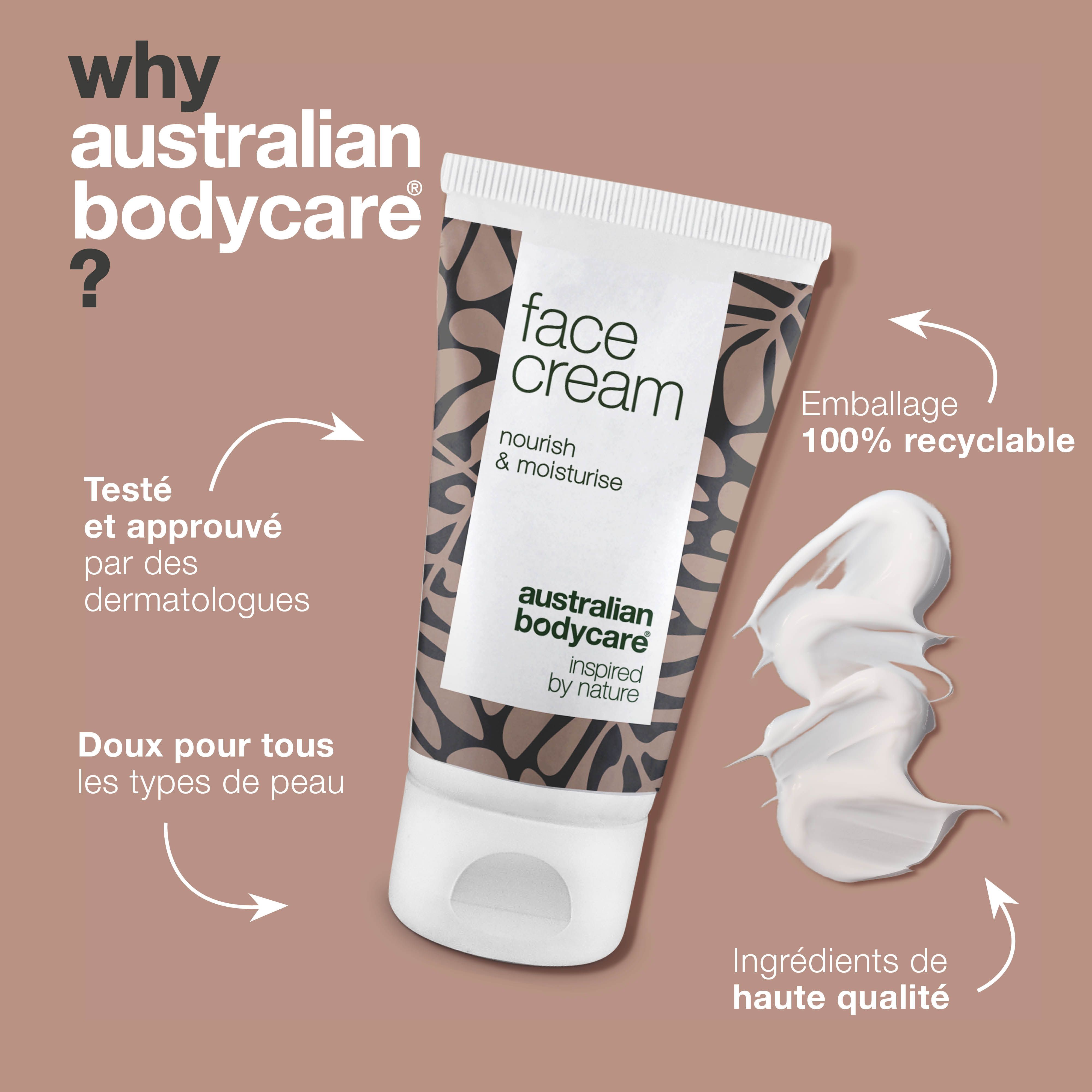 Tube Face Cream. Inscription : Australian Bodycare. Texte : Pourquoi Australian Bodycare ? Avantages.