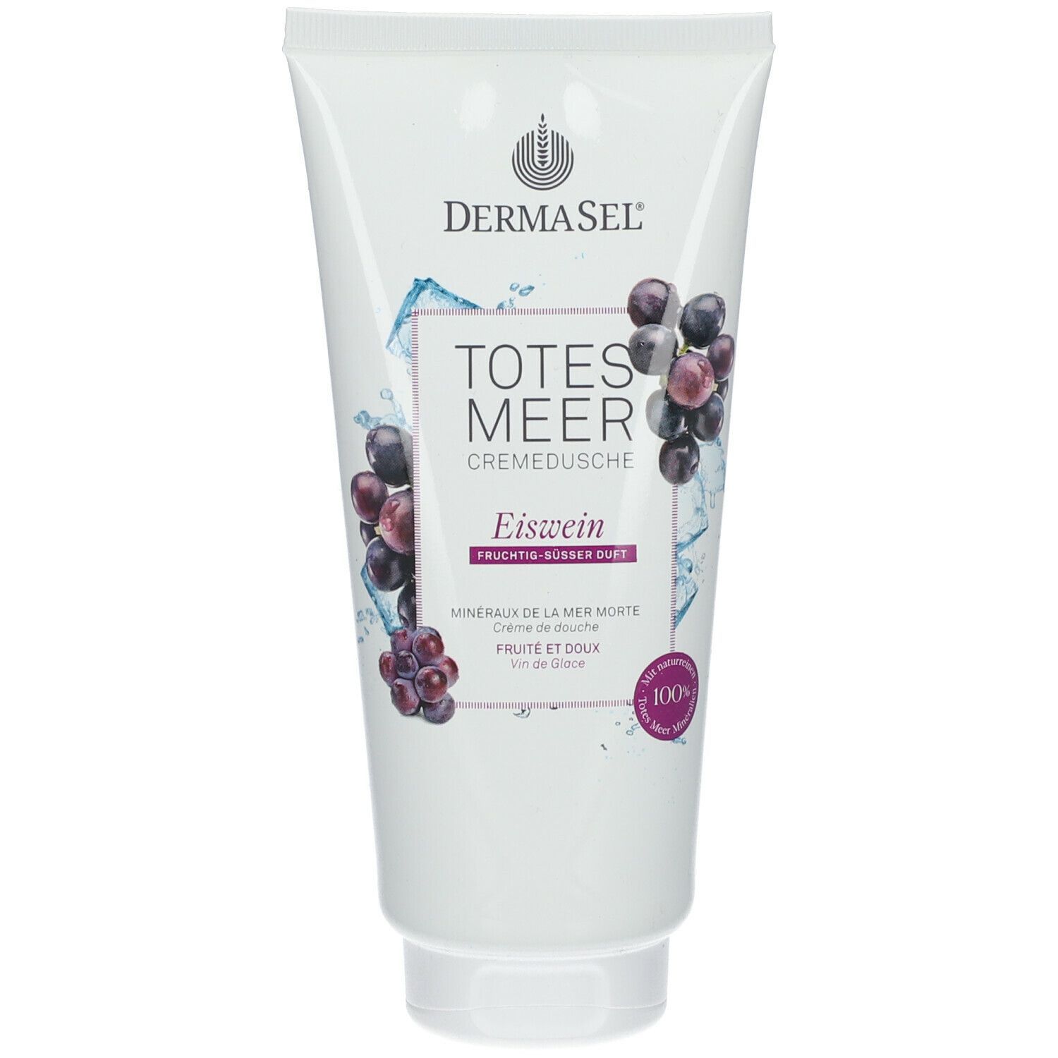 Weiße Tube mit Produktnamen und Trauben-Illustration. DERMASEL Totes Meer Cremedusche Eiswein. Fruchtig-süßer Duft.