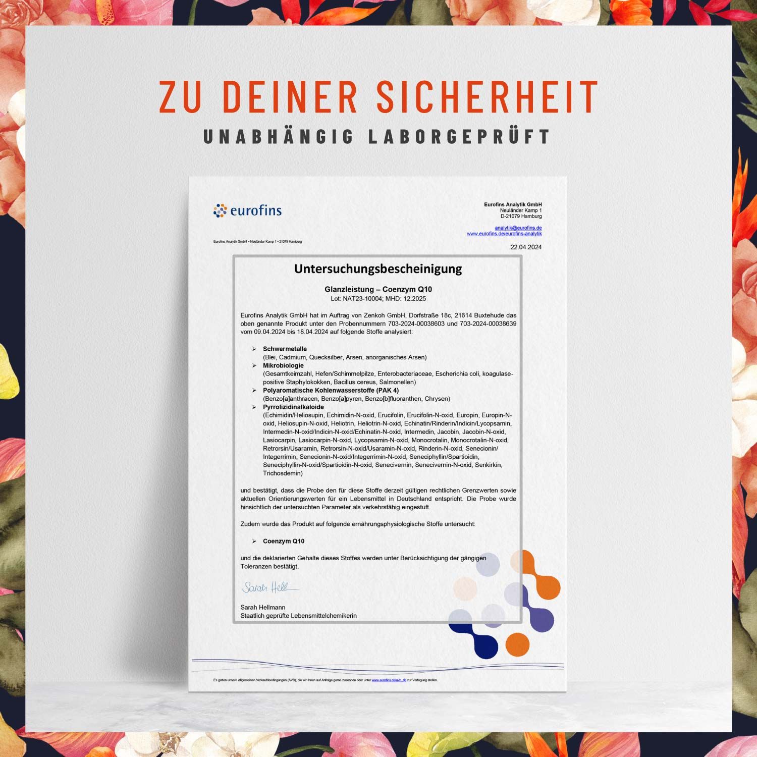 Untersuchungsbescheinigung von Eurofins. Dokument mit Angaben zur Analyse von Coenzym Q10. Unterschrift von Sarah Hoffmann.