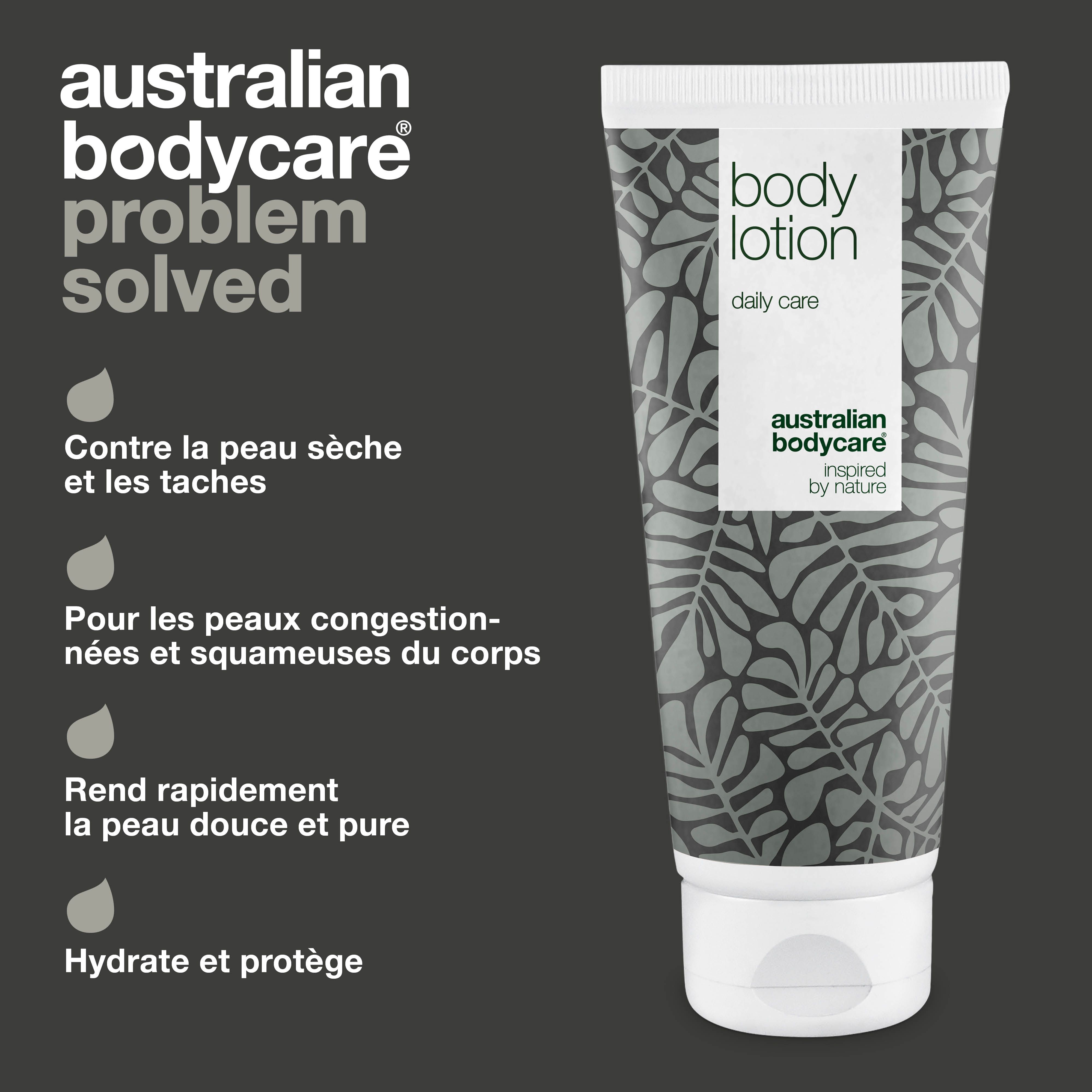 Produit en tube. Inscription : body lotion, daily care. Logo : Australian Bodycare. Texte : contre la peau sèche et les taches.