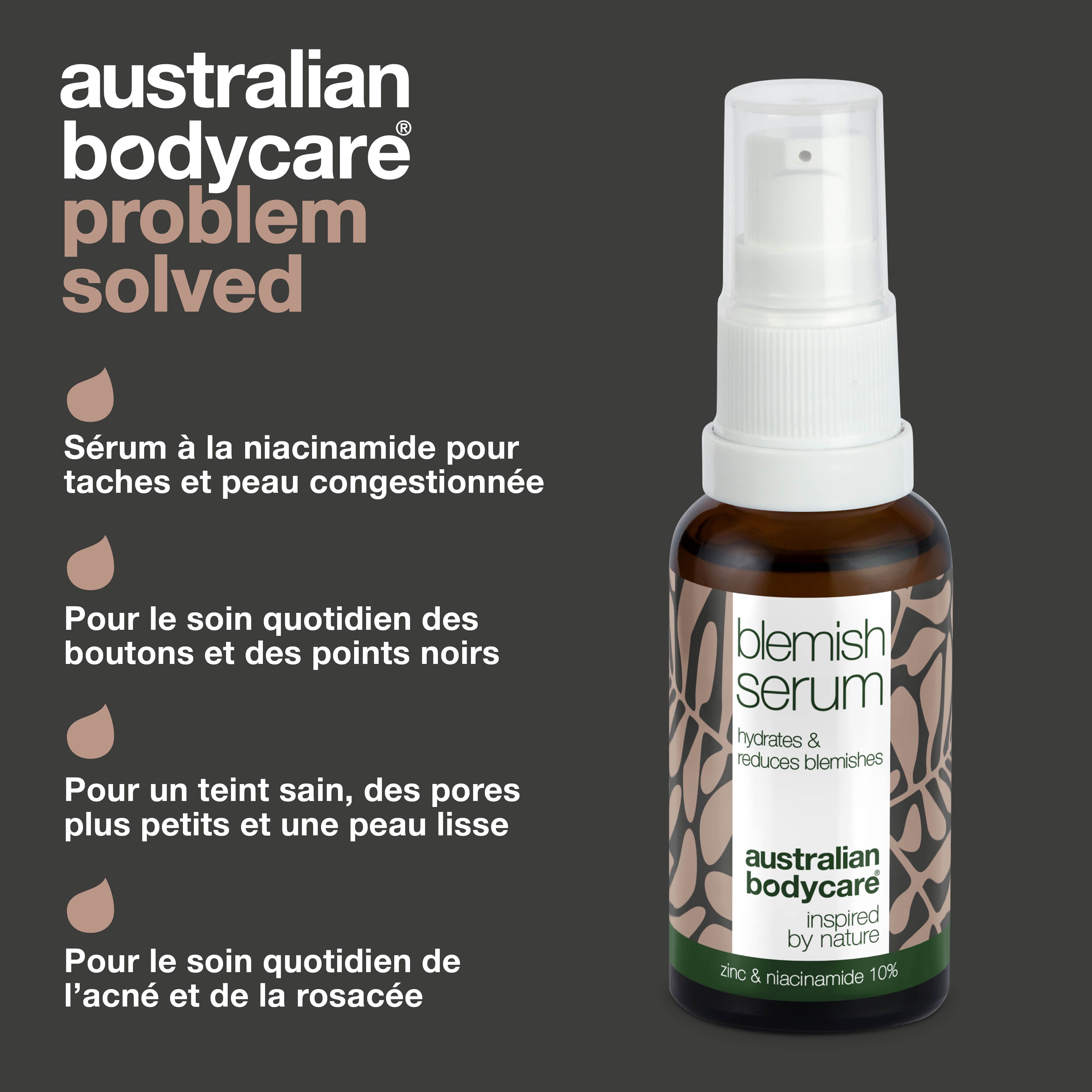 Flacon de Blemish Serum avec texte. Inscription : Blemish Serum, hydrate & réduit les imperfections. Marque : Australian Bodycare.