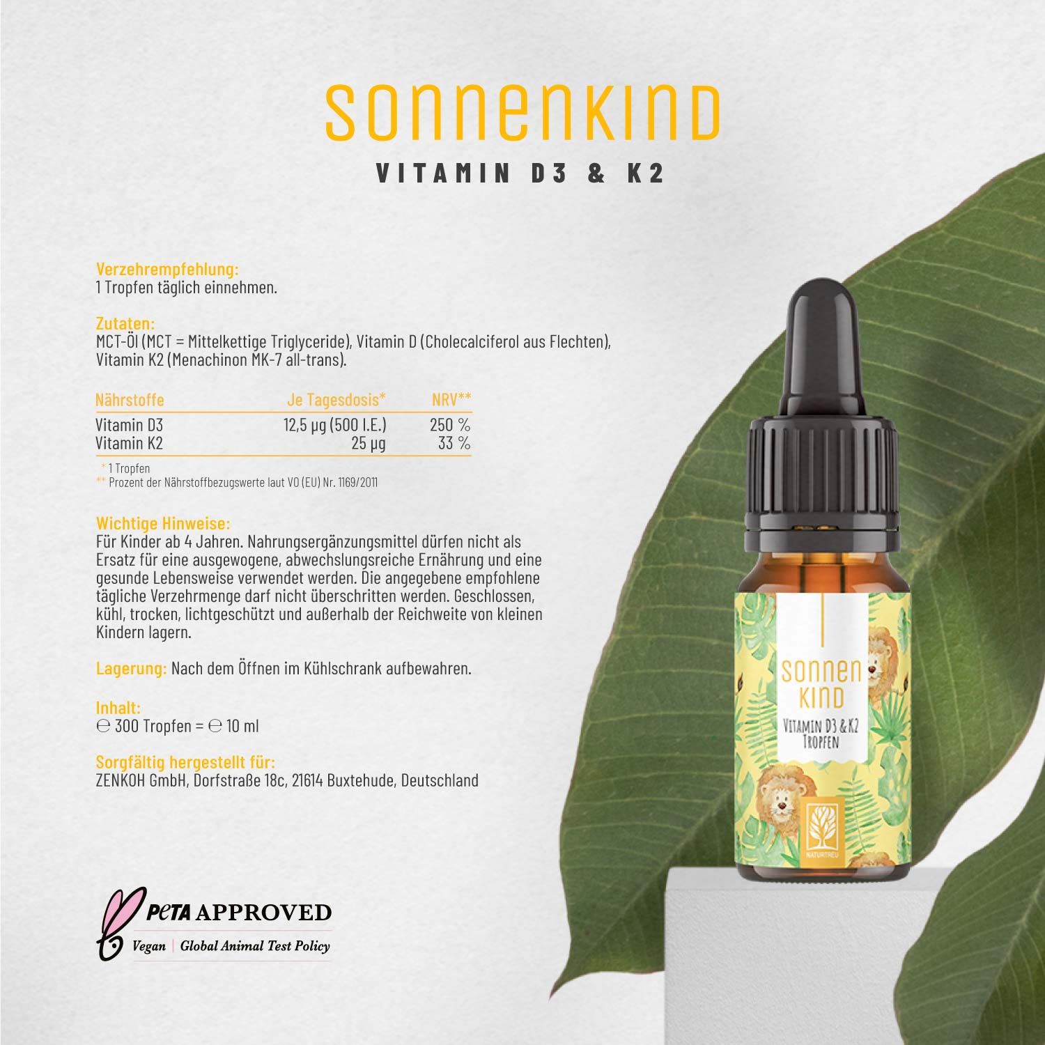 Vitamin D3 & K2 Tropfen für Kinder ab 4- Sonnenkind - NATURTREU®