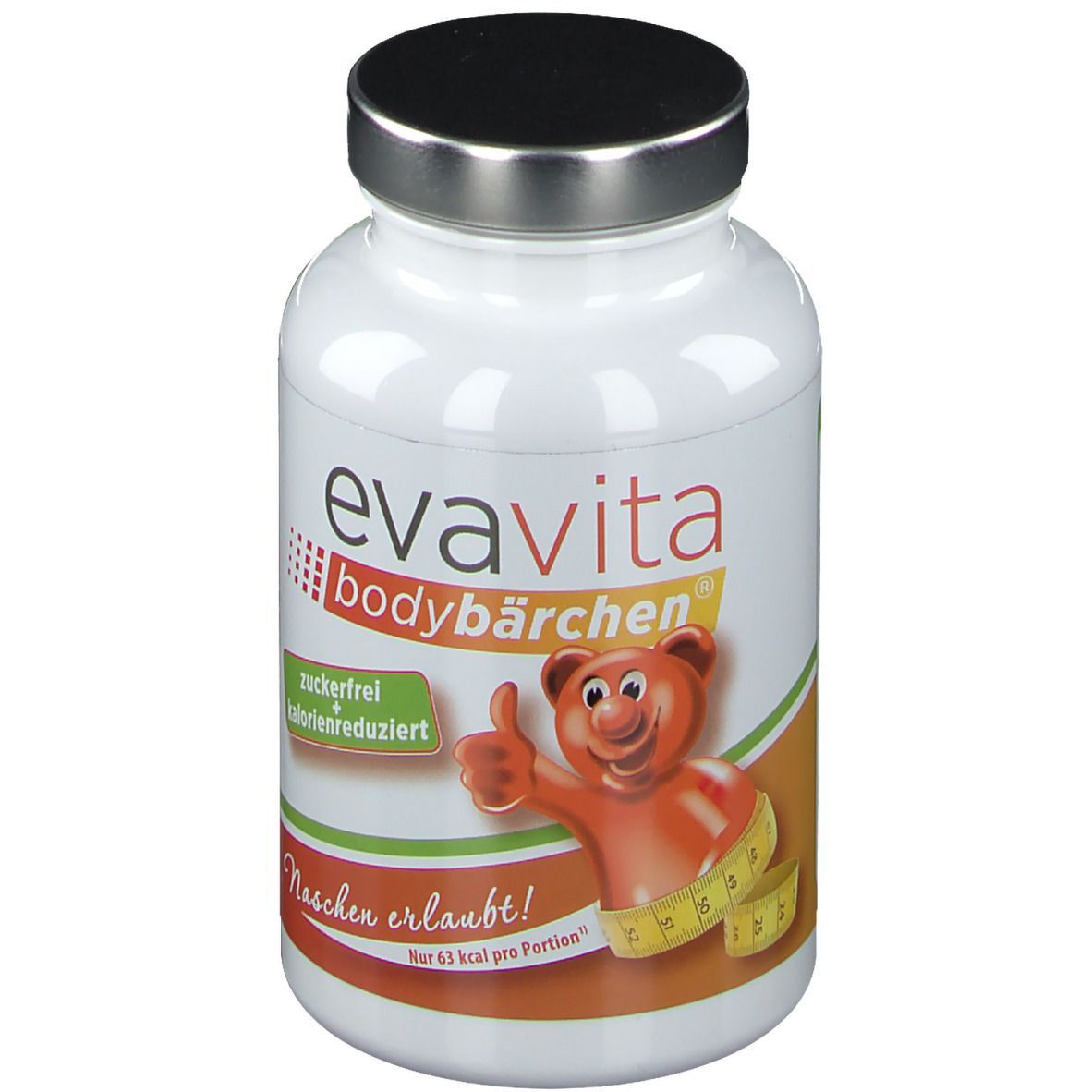 Flacon blanc avec couvercle noir. Inscription : evavita bodybärchen, sans sucre, réduit en calories. Ours avec mètre ruban.
