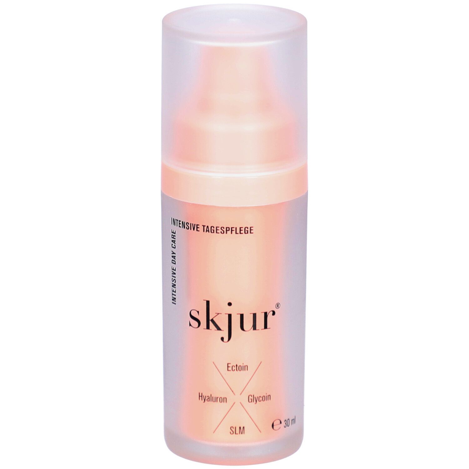 Distributeur de crème avec bouchon transparent. Inscription : skjur, Ectoin, Hyaluron, Glycein, SLM. Impression : Soin de jour intensif.