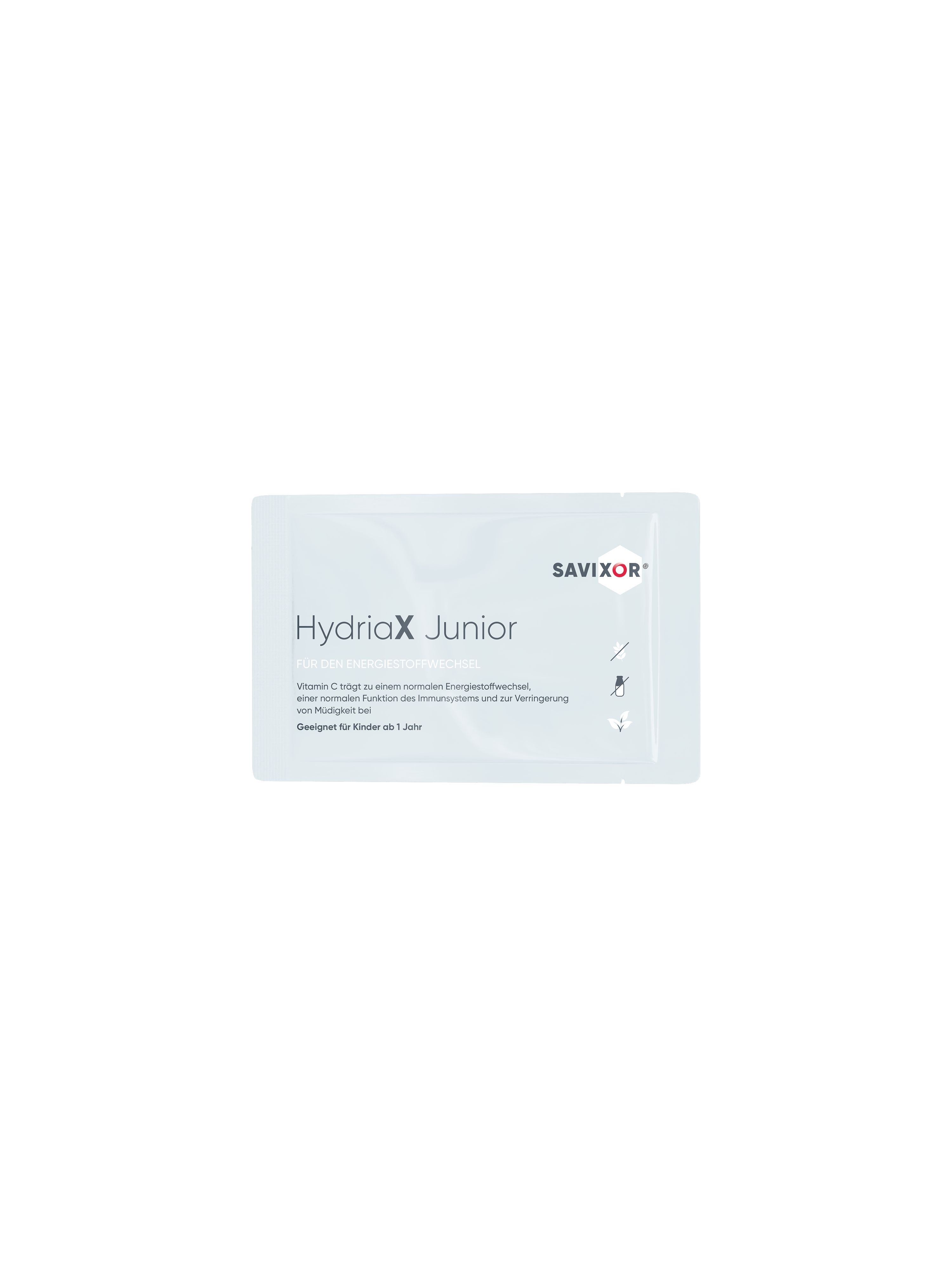 Savixor HydriaX Junior Einzelbeutel. Enthält Informationen zur Anwendung. Geeignet für Kinder ab 1 Jahr.