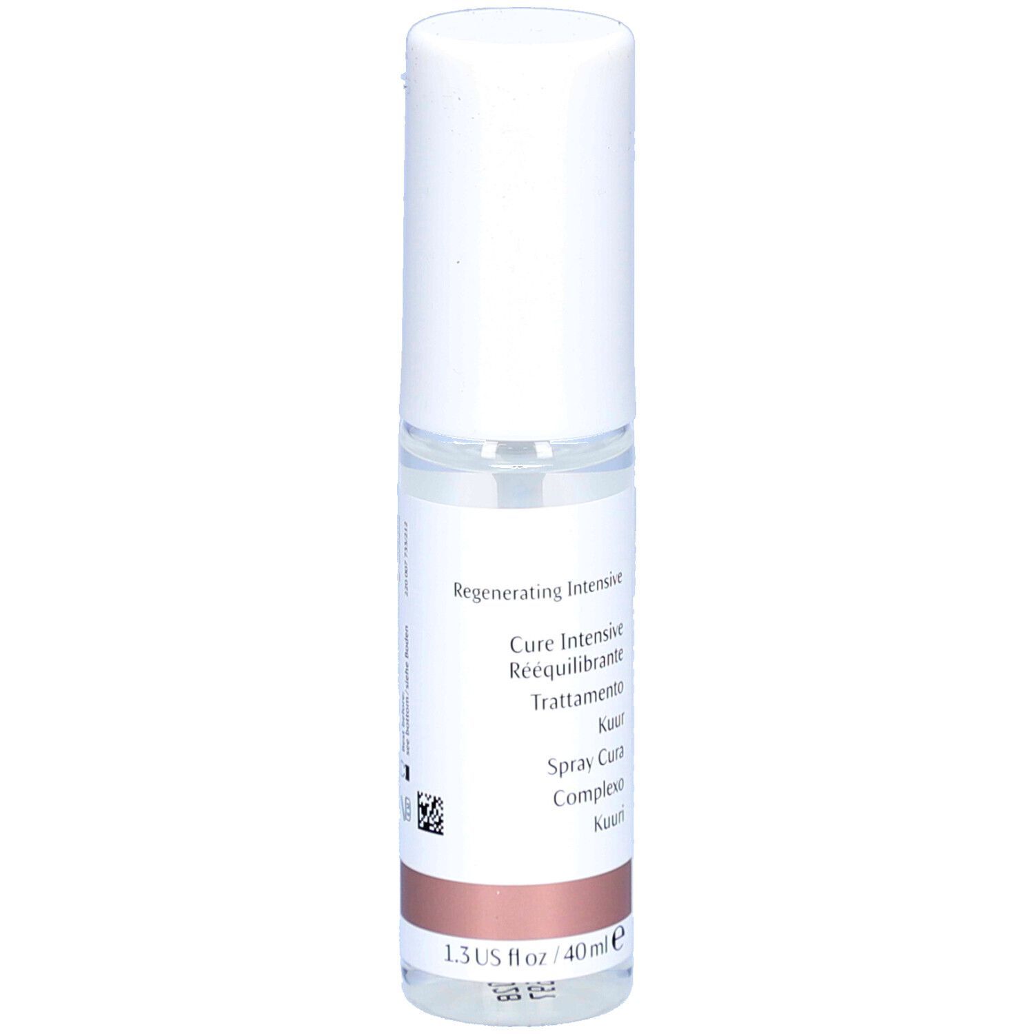 Flacon spray transparent avec bouchon blanc. Inscription: Regenerating Intensive, 1.3 US fl oz / 40ml.