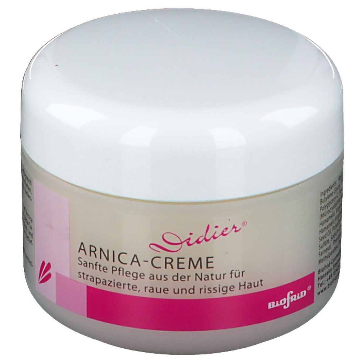 Pot de crème avec couvercle blanc et étiquette rose. Inscriptions "ARNICA-CREME" et "Didier".