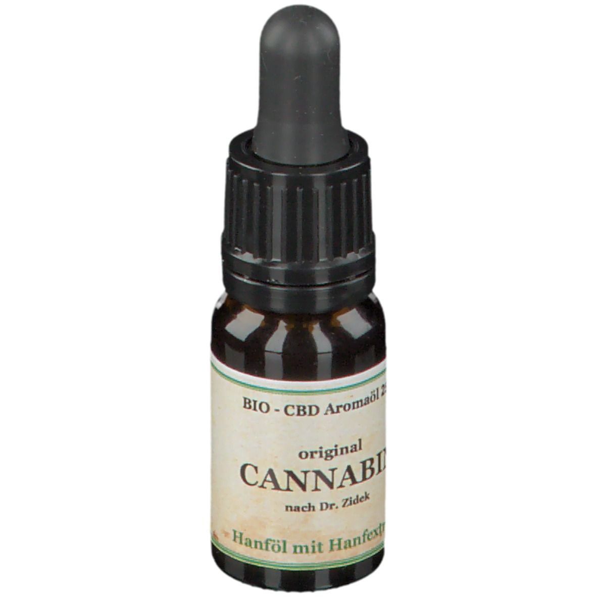 Flacon en verre brun avec compte-gouttes noir. Étiquette avec "original CANNABIN 25 %" et autres textes.