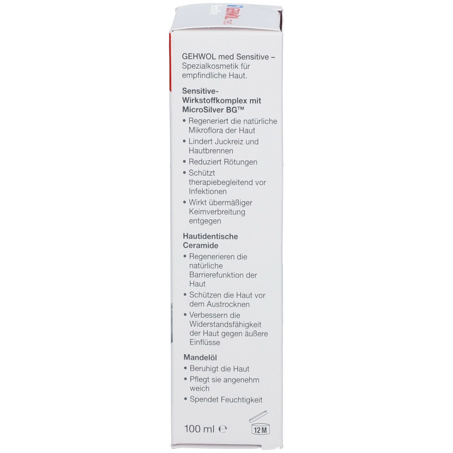 GEHWOL med Sensitive Crème. Boîte. Texte : Complexe d'ingrédients actifs Sensitive, céramides, huile d'amande, 100 ml.