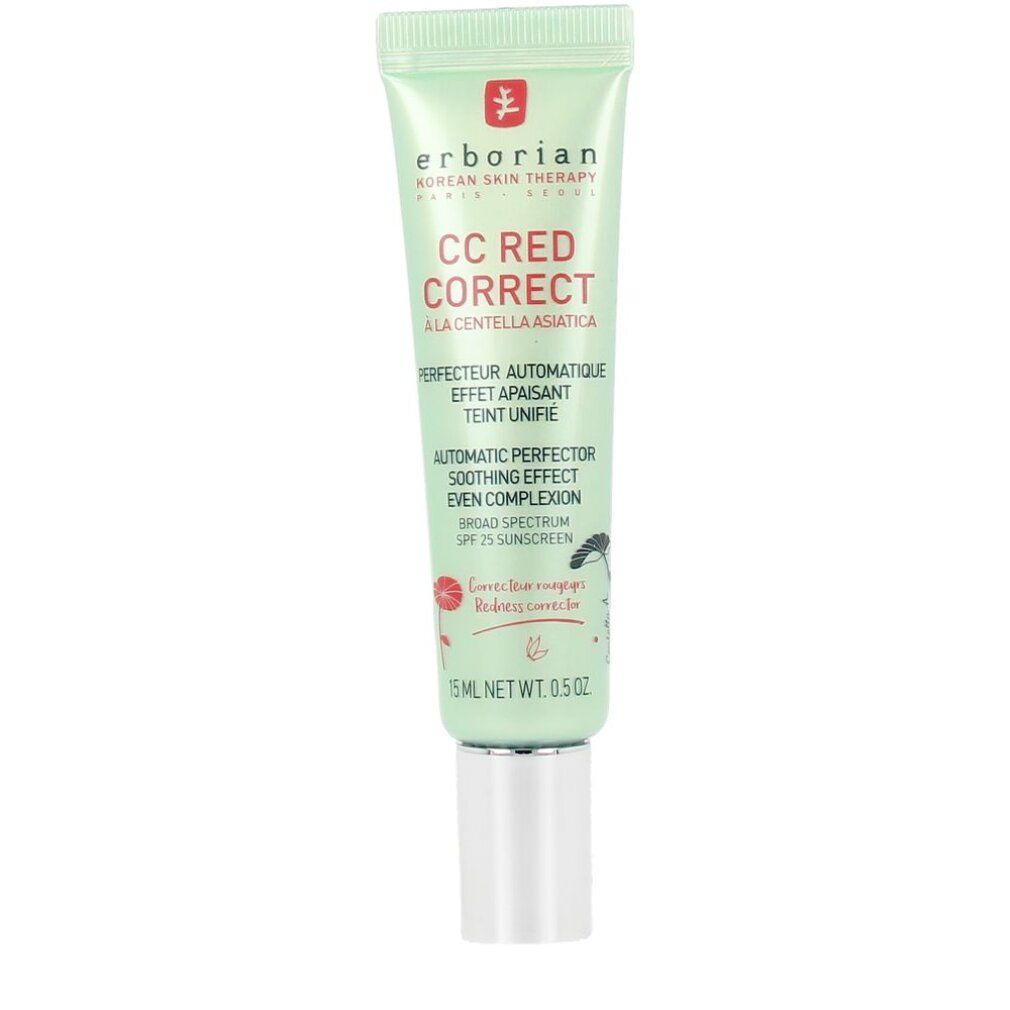 Erborian CC Red Correct. Tube. Grün, mit roter Schrift. Enthält 15 ml. Mit SPF 25.
