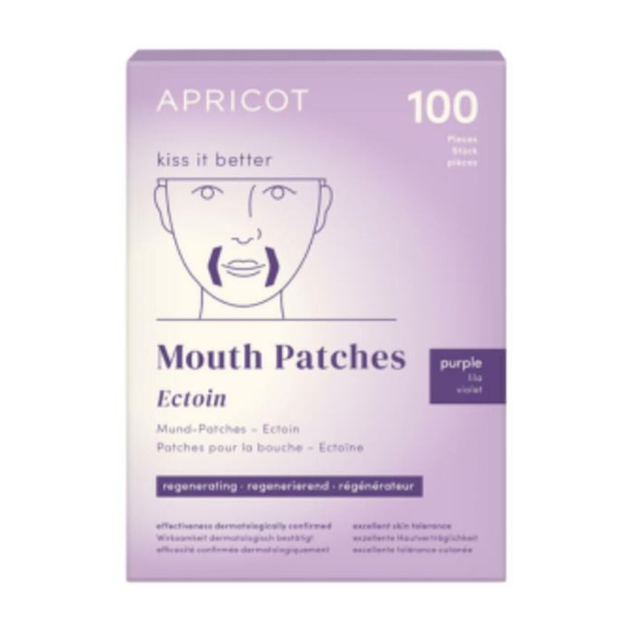 Lila Schachtel mit Mund-Patches. Aufschrift: APRICOT, 100 Stück. Text: Mouth Patches Ectoin, regenerierend. Lila Farbton.