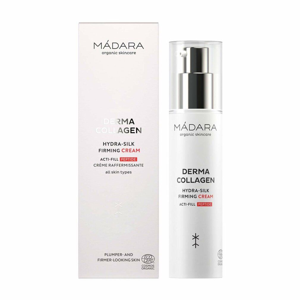 Produktverpackung mit Flasche. Aufschrift: Mádara, Derma Collagen Hydra-Silk Firming Cream. Mit Zertifizierung.